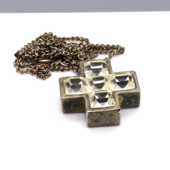 Distressed Crystal Cross Pendant Necklace, Retro Grunge with Square Cut Stones o - Picture 3 of 5